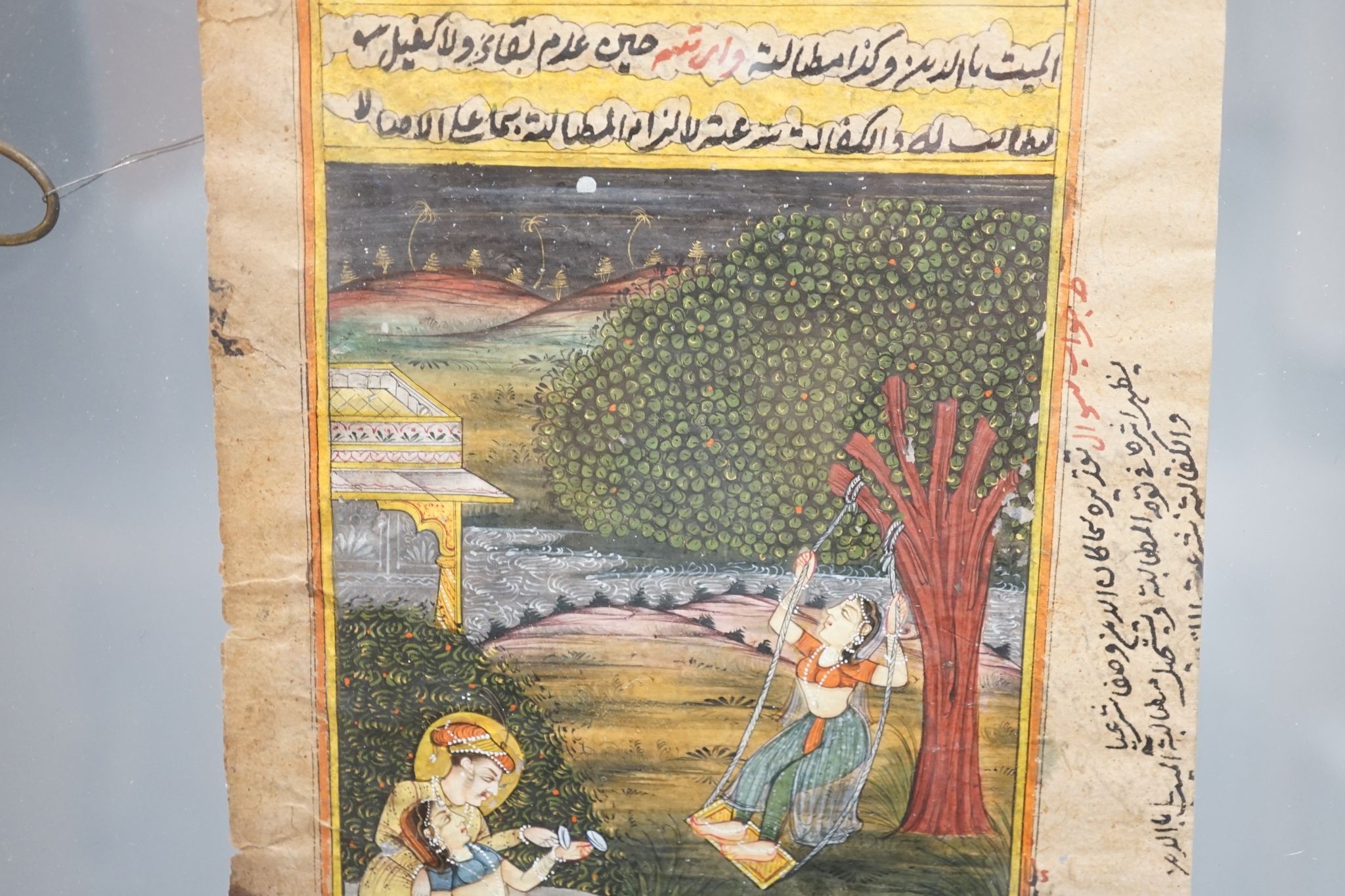 Indian School, Figures playing castanets, framed gouache manuscript, writing verso, 14 cms wide x 24 cms high.